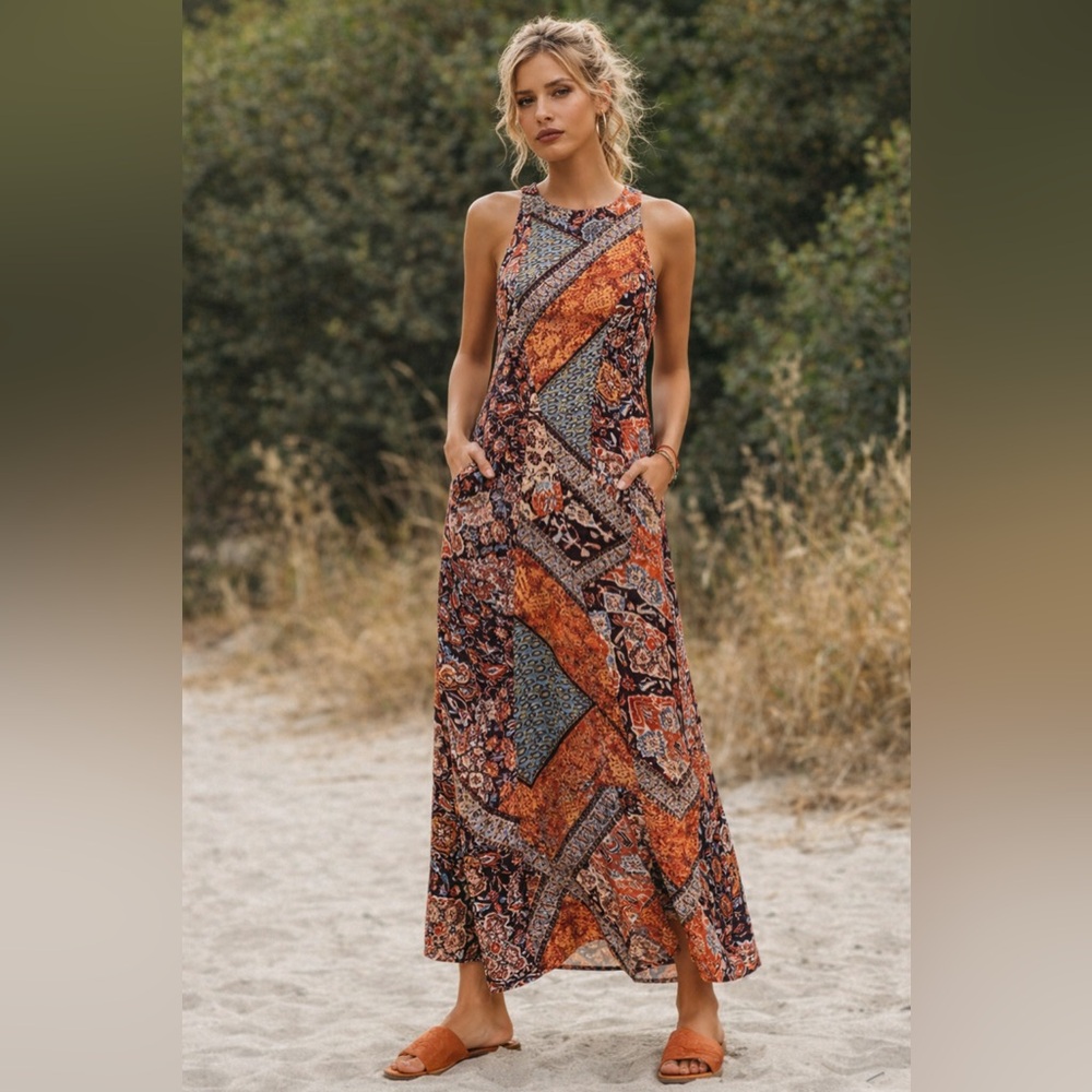 Organic Cotton Bohemian Patchwork Print Long Maxi Dress w/ Pockets 4 Seasons XL - Picture 12 of 15